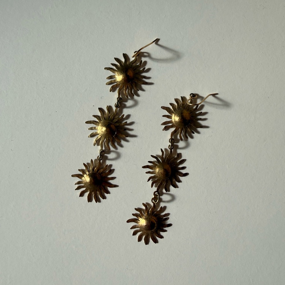 Brass Sun Statement Drop Earrings - image 2